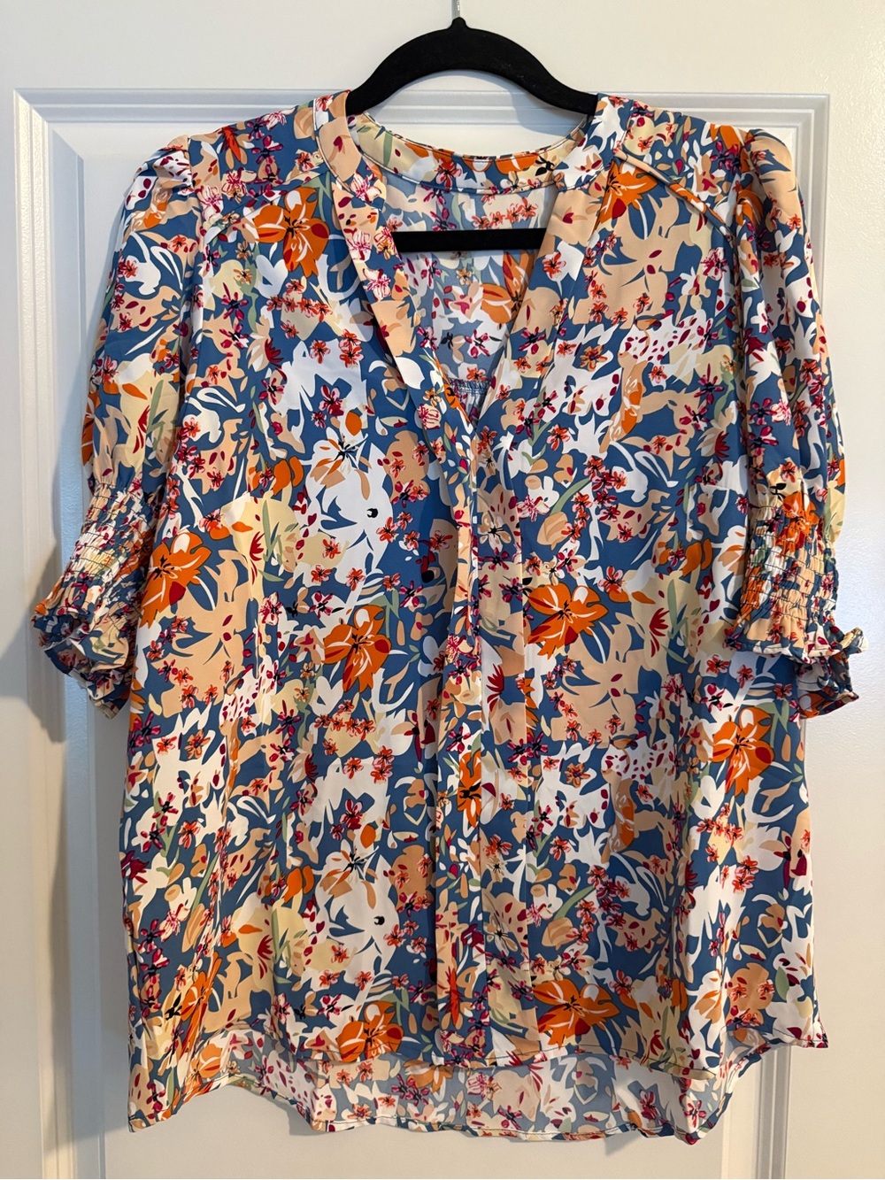 Amazon Floral Tie-Neck Blouse in Blue, Orange, Cream, and White